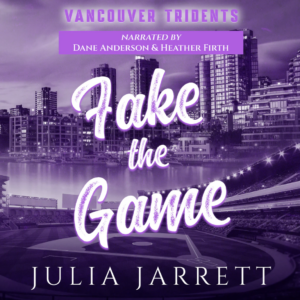 Cover has a city backdrop with a purple color. Book title is Fake the Game. Narrated by Heather Firth and Dane Anderson.